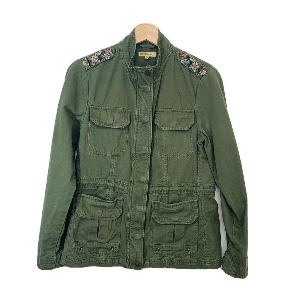 Democracy Military Utility Jacket Woman XS Army Green Embroidery Zip Pockets